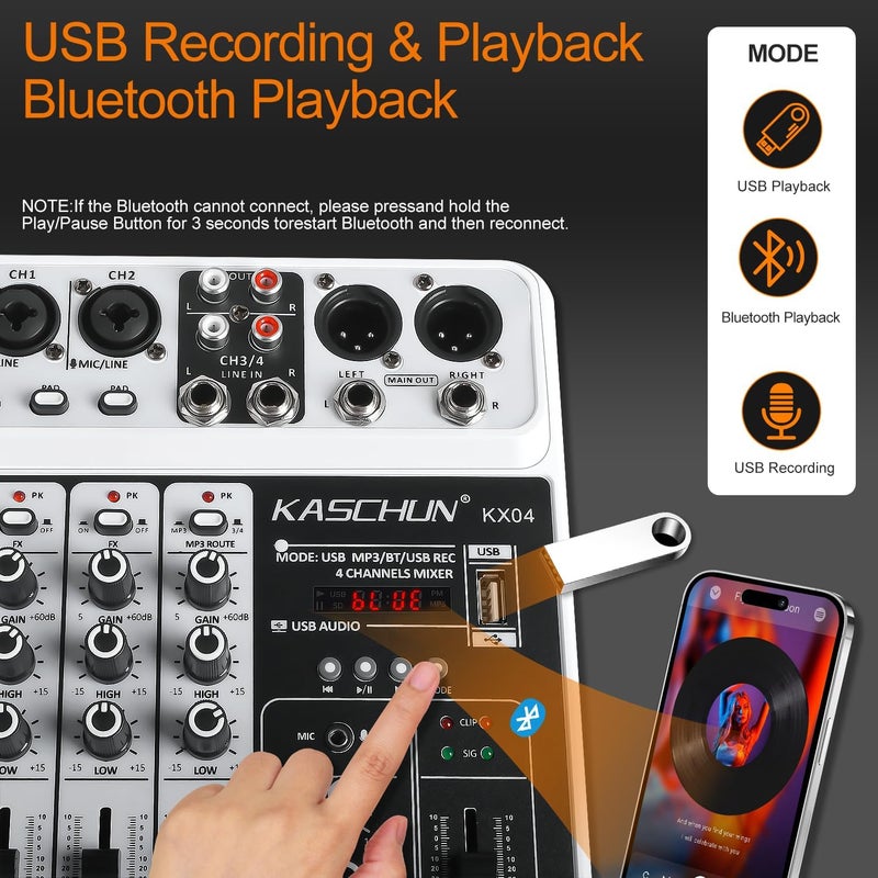 Kaschun Professional Audio Mixer Sound Board, 4 Channel Bluetooth Mixing Console with Effect, USB MP3 Computer Input, 48v Phantom Power, Portable Small DJ Mixer for Karaoke Home Recording Podcasting Streaming - Image 3